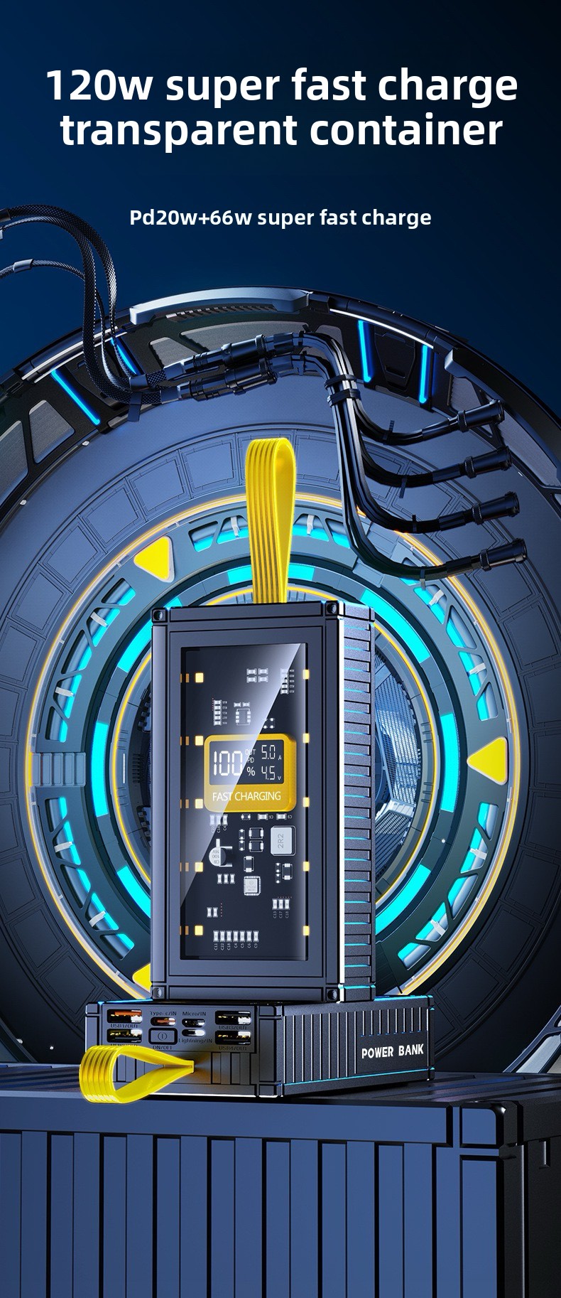 20000mAh Fast Charging LCD Screen Mobile Power Supply - Transparent Mecha Shell, Large Capacity, Sufficient Power At Any Time_voghion.com