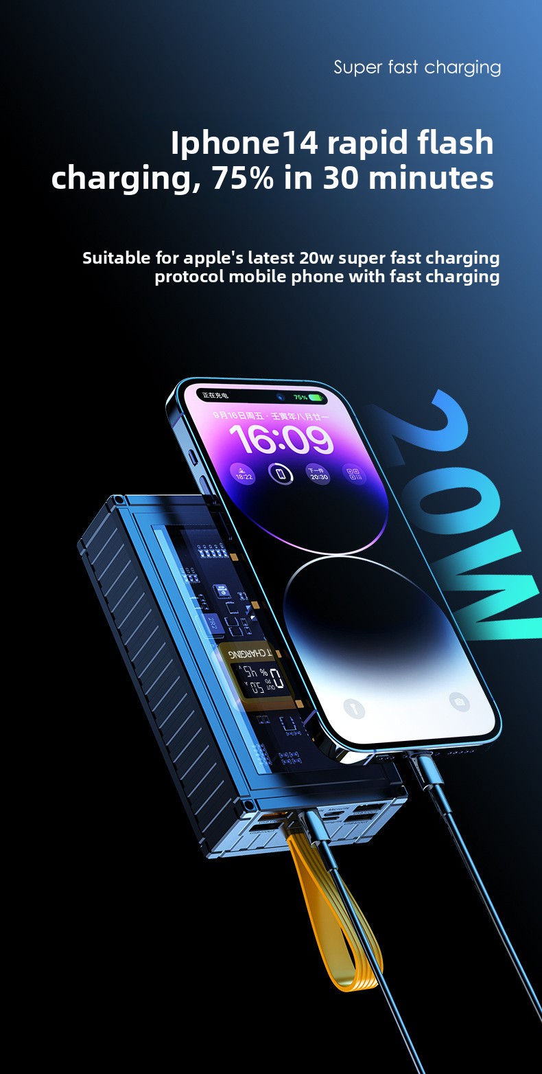 20000mAh Fast Charging LCD Screen Mobile Power Supply - Transparent Mecha Shell, Large Capacity, Sufficient Power At Any Time_voghion.com