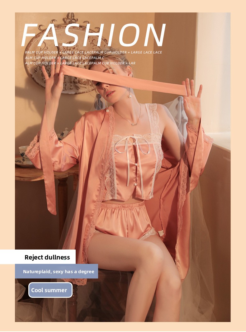 High End Suspender Nightgown Women's Ice Silk Summer Three Piece Set Suspender Sexy Pajamas_voghion.com