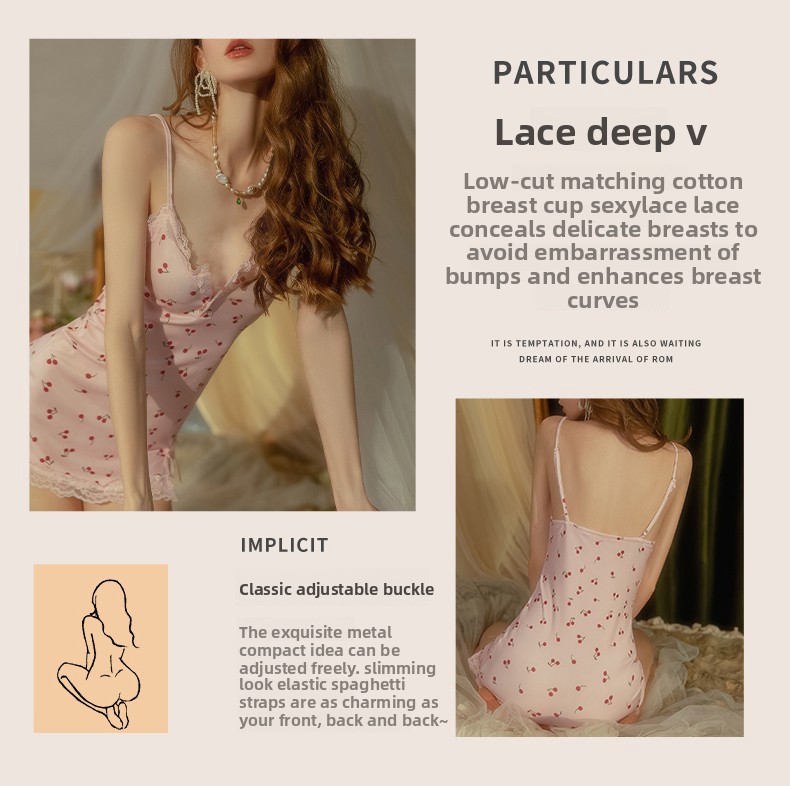 Sexy Pajamas Pink Cherry Slim Skirt Girls Summer Suspender Pajamas Pure Desire_voghion.com