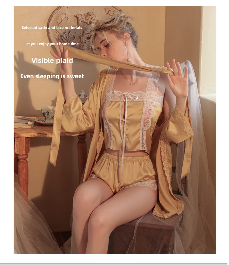 High End Suspender Nightgown Women's Ice Silk Summer Three Piece Set Suspender Sexy Pajamas_voghion.com