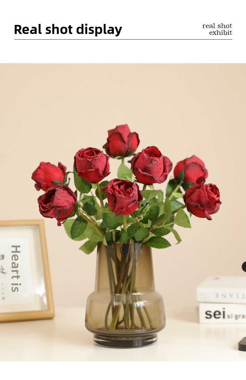 Artificial Baked Edge Rose Flower Bouquet - Faux Dried Flower Arrangement for Home Decor, Wedding & Gift