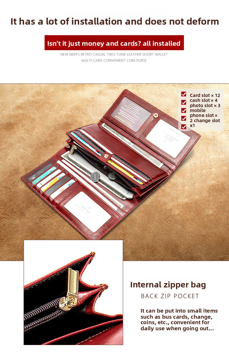 Antimagnetische RFID Echtleder Damenbrieftasche Mittelgroß und lang Europäische und amerikanische Retro Damenbrieftasche Dreifach gefaltete Clutch Münzbörse_voghion.com