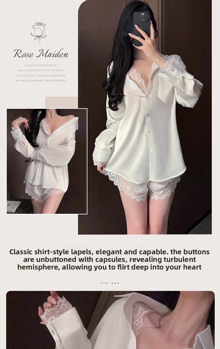 Sexy Pyjamas Sommer Damen 2025 Neues High-End Langarm Pure Desire Lose Spitze Weißes Hemd Nachthemd Home_voghion.com